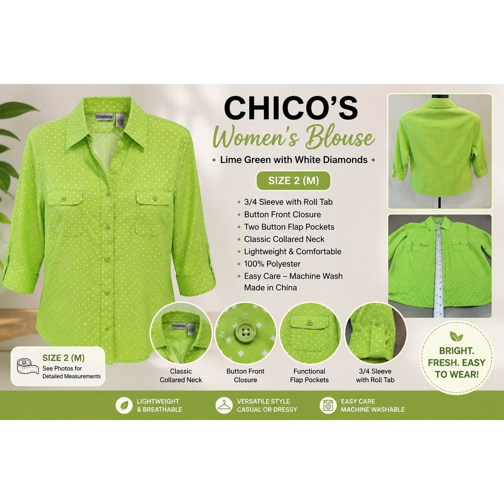 Chicos Lime Green Diamond Print Button Front Shirt 3/4 Sleeve Size 2 Large